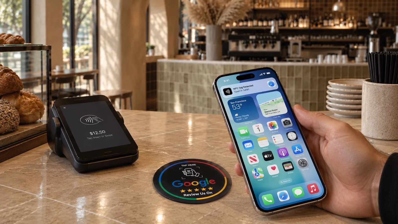 Customer using a OneTap SRD NFC review card at a coffee shop counter